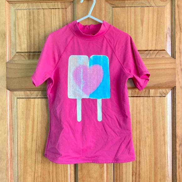 Girl’s size 7-8 Lands’ End pink modest short sleeved rash guard/swim top - Picture 1 of 6